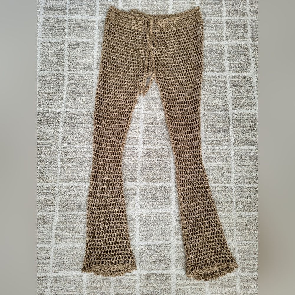 Brown Crochet Open Knit Boho Beachy Tie Waist Vacation Pants Size M